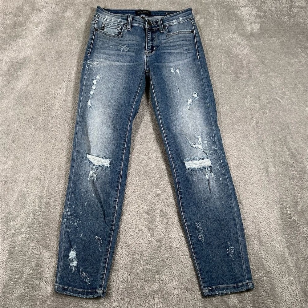 Judy Blue Jeans Womens 5/27 Blue Dark‎ Wash Shredding Up Relaxed Fit Distressed
